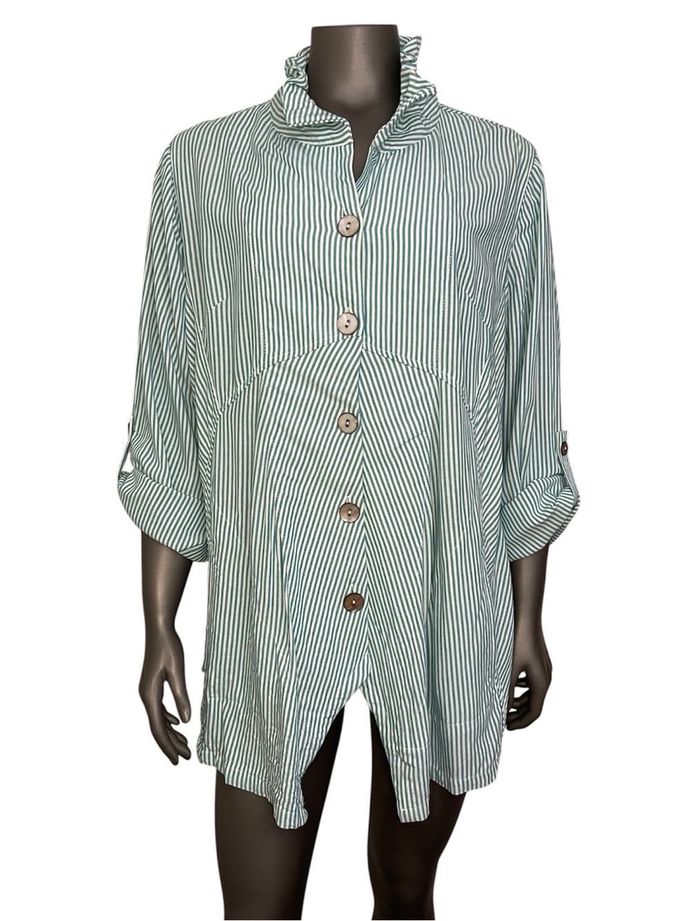 Soft Surroundings Blouse 1X Sasha Striped White Green Tunic Button Asymmetrical